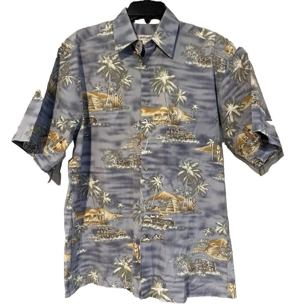 Vtg Pierre Cardin Hawaiian Shirt M Blue Cotton Beach Scenic Resort Aloha Korea